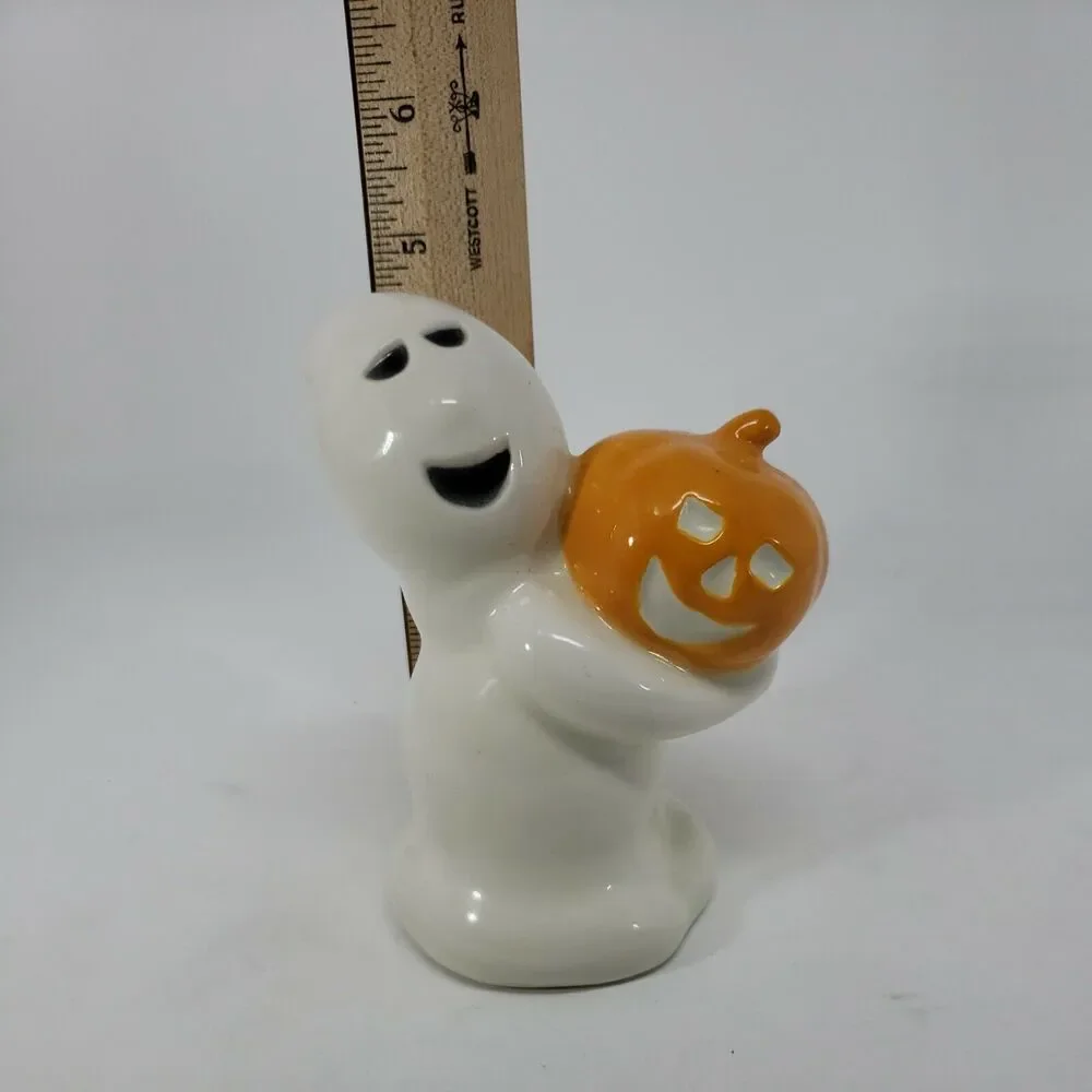 Halloween Ghost Holding Jack O'Lantern Pumpkin Ceramic  VTG Figurine Iowa USA